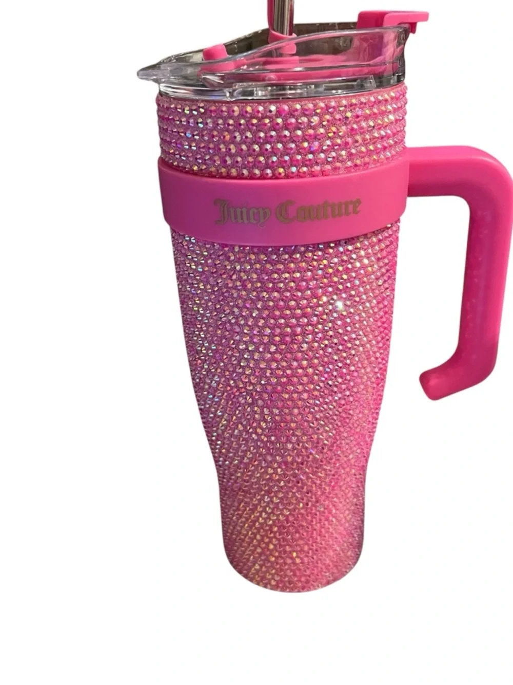 Juicy Couture 10” Hot Pink Rhinestone Tumbler with Handle and Straw